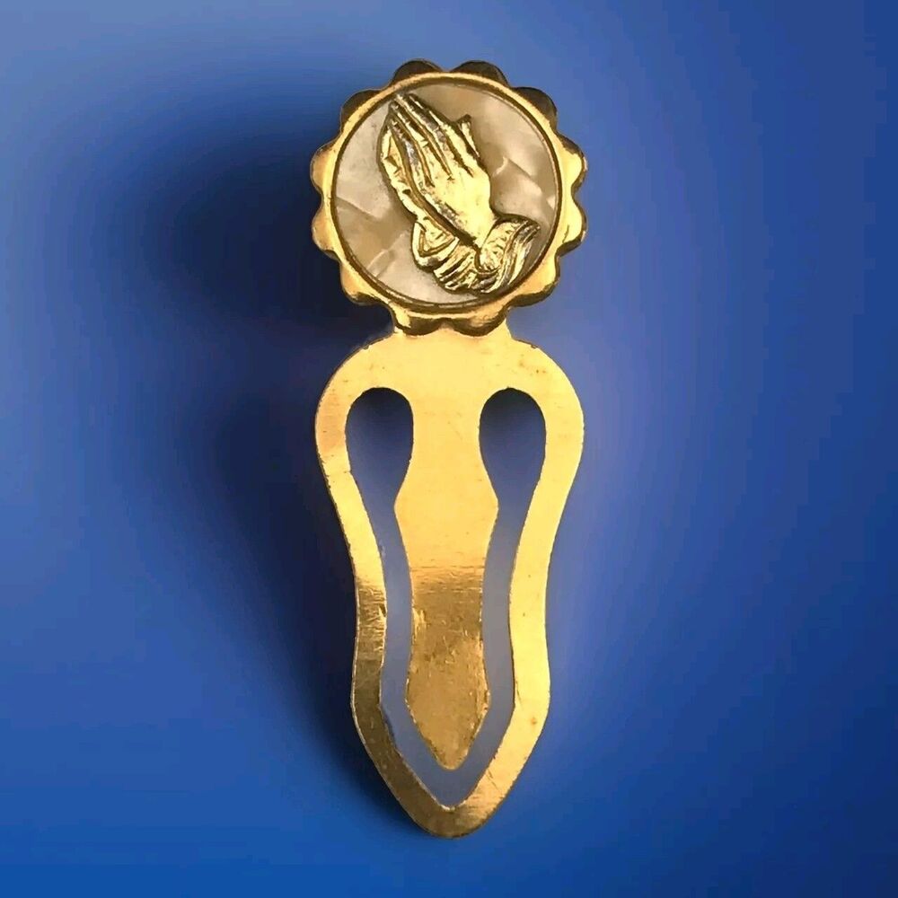 Vintage Christian Bible Bookmark Gold Tone Praying Hands Italy Scalloped